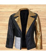 Handmade Studded Biker Leather Jacket: Gold Black White Punk Moto Coat - $399.95