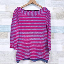 T By Talbots Striped Pique Knit Top Pink Blue 3/4 Sleeve Boat Neck Womens Medium - £19.39 GBP