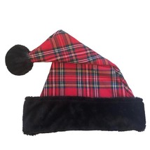 Christmas Santa Claus Hat Adult Plaid Red Black Faux Fur Trim One Size Most NEW - £13.14 GBP