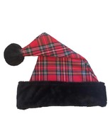 Christmas Santa Claus Hat Adult Plaid Red Black Faux Fur Trim One Size M... - £12.92 GBP