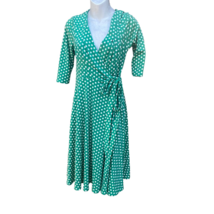 Unique Vintage Womens Wrap Dress Green Polka Dot 3/4 Sleeve Surplice Cotton S - £22.25 GBP