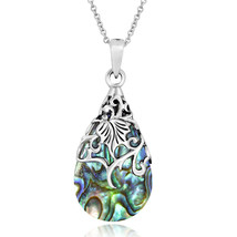 Floral Vine Ornate Teardrop Abalone Shell .925 Silver Pendant Necklace - £14.93 GBP