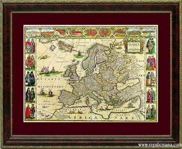 Framed 16th Century Europe Map &amp; Native People by Bleau - £51.11 GBP