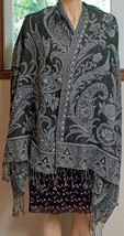 Lovely Shawl with Shades of Grey Flowers &amp; Paisley Pattern - $25.99