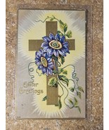 EASTER GREETINGS-1908-Gold Cross w/ purple flowers-POSTCARD-Julius Bien Co. - $10.54