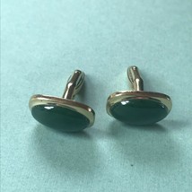 Vintage Pair of Oval Green Stone in Goldtone Rectangle Cuff Links – face is 0.75 - £11.90 GBP