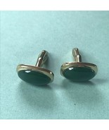 Vintage Pair of Oval Green Stone in Goldtone Rectangle Cuff Links – face... - £11.66 GBP