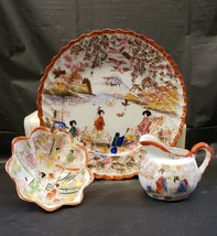 3 Pc Geisha Ware Plate Footed Bowl Creamer Red Trim Japan Hand Painted - £7.40 GBP
