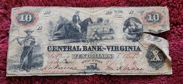Antique 1860 Central Bank of Virginia 10 Dollar Note Staunton Va Obsolete - $89.99