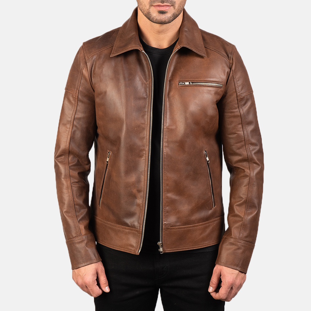 LE Lavendard Brown Leather Biker Jacket