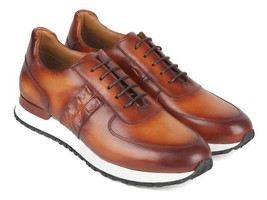 Paul Parkman Mens Shoes Sneakers Brown Patina Leather Handmade LP208BRW - £298.91 GBP