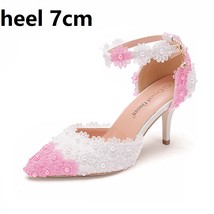 Slim 9cm 7CM White Lace Wedding Shoes Bride Sexy High Heels Pumps Pearls Flower  - £49.92 GBP