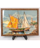 1980s Handmade Sailboat Cross Stitch Needle Work 21x15&quot; Framed Signed Na... - €81,68 EUR