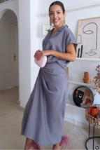 ZARA BNWT 2025. BLUE GRAY SATIN WRAP SHIRT DRESS VISCOSE. 8432/486/485 - $107.39