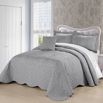 Queen size Ash Grey Damask Embroidered 4 Piece Oversized Bedspread Set - $208.49