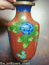 Vintage Chinese Vase Cloisonne Blue Chrysanthemum Flowers on dark red c1920s[11c - £76.66 GBP