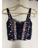 Victorias Secret Dream Angels Lace-Up Corset Top Bra Floral Navy Blue Me... - $22.54