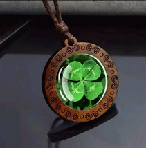 Four Leaf Clover Pendant Green Lucky Wooden Rope Chain Necklace Men Wome... - £10.74 GBP