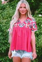 Strawberry Pink Geometric Embroidered Tassel Tie V Neck Blouse - £35.51 GBP