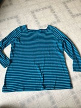 LL Bean  Turquoise Striped Square Neck T Shirt Long Slv 1X Plus pima Cotton - £21.70 GBP
