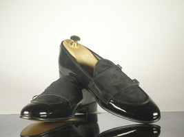 Handmade Men&#39;s Black Patent Leather Suede Double Buckle Shoes, Men Designer Shoe - £116.25 GBP