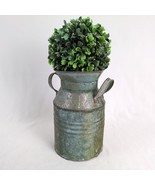 Rustic Farmhouse 8&quot; Galvanized Tin Milk Jug Vase Canister Can with Green... - $19.35