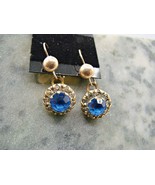 Sapphire Blue Clear Rhinestone Halo Floral Earrings Gold Tone Vintage Da... - £15.12 GBP