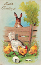 Easter Greetings~Rabbit Watches Hen &amp; CHICKS~1910 Antique Holiday Postcard - £5.52 GBP