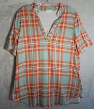 POGTMM Womens Top Large Boho Short Sleeve VNeck Orange Blue Stripes Retro Style - £9.45 GBP
