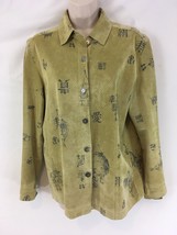 Chicos Womens sz 1 Tan Leather Chinese Character Button Front Shirt Jacket - £14.75 GBP