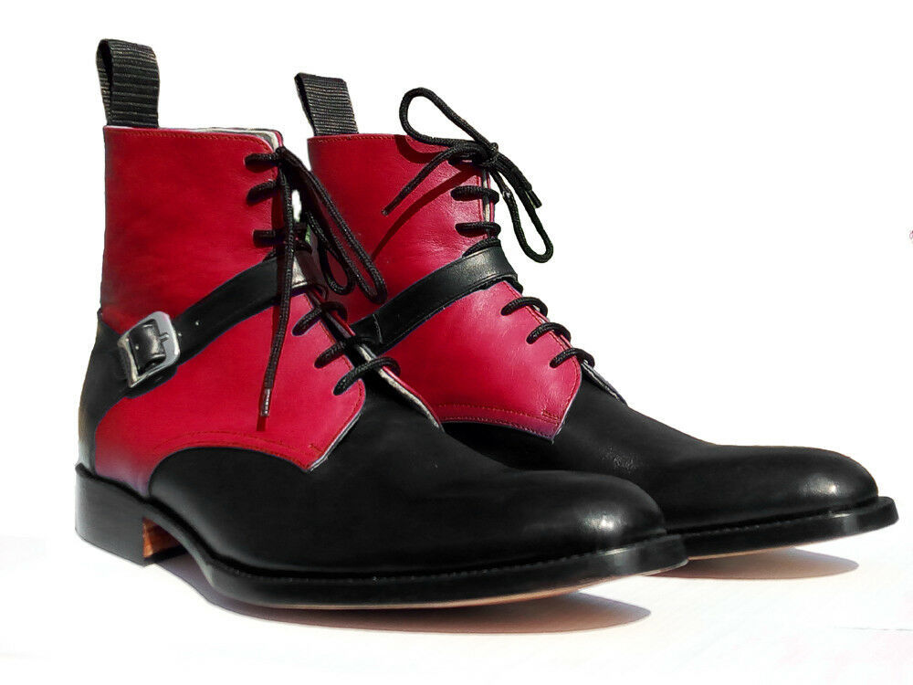 Men's Two Tone Red Black Cont Rounded Buckle Strap Ankle Leather Boots US 7-16