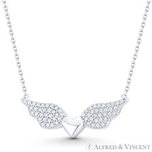 Heart &amp; Angel Wing Charm CZ Crystal Charm Pendant .925 Sterling Silver Necklace - £24.93 GBP