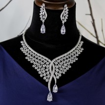 2PCS Luxury White Transparent Feather Jewelry Set For Women Wedding Cubic Zircon - £115.39 GBP