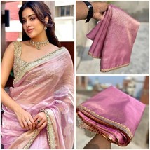 Plain Pink Tissue Silk Saree, Sabyasachi Broder Style Work, Silk Saree, Wedding  - £75.76 GBP
