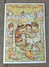 Vintage Hallmark Thanksgiving Card Pilgrim Children Feast Woodland Critters - $8.91