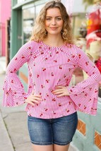 Make You Smile Pink Stripe &amp; Cherries Bell Sleeve Top - £14.15 GBP