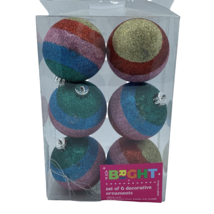 Glitter Christmas Ball Ornaments Set of 6 Multi-color Striped NEW - £15.75 GBP