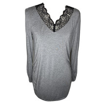 Soft Surroundings Ruched Top With Black Lace Neckline Medium Gray Long S... - $23.75