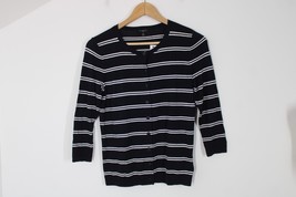 NWT Talbots P Navy Blue White Stripe Cotton Stretch Thin Knit Cardigan Sweater - $37.99