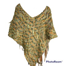 Poncho Sweater One Size Crochet Unbranded Green Orange Metallic Fall Foo... - $20.29