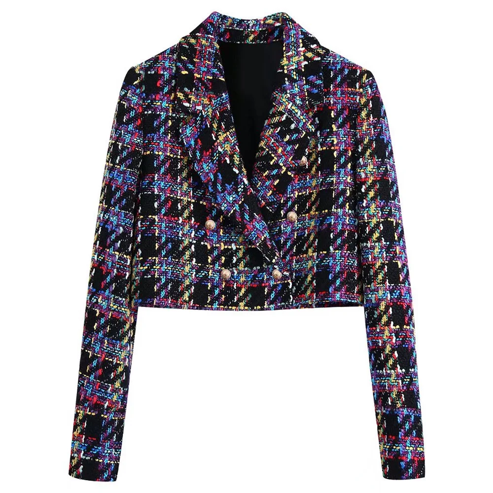 MOYATIIY Women   Tweed Cropped Blazer Coat  Metal Button Overcoats Long Sleeve F - £131.47 GBP