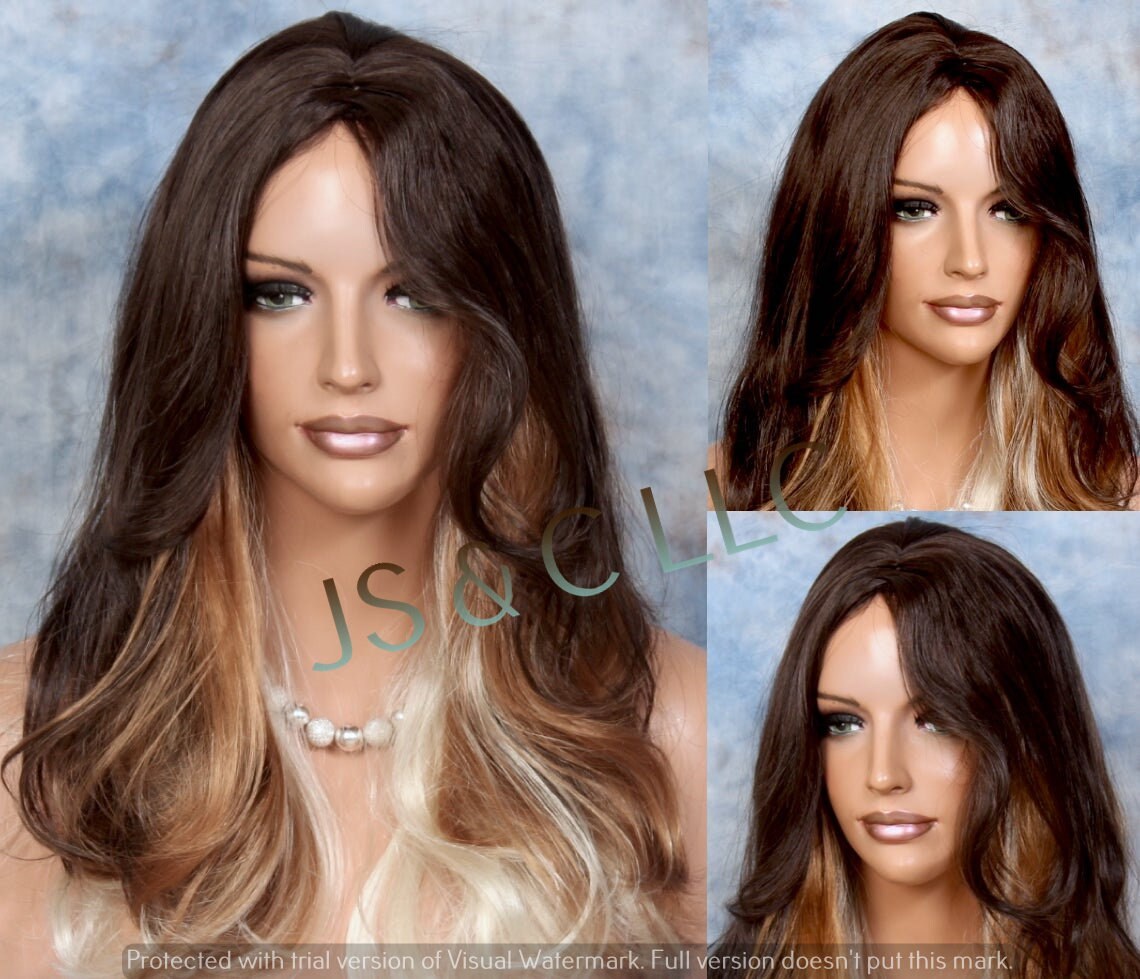 Sexy Three Tone Long Wavy wig Center Part Brown Light Auburn Platinum Mi... - $69.95