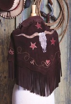 Western Custom Deerskin Suede Leather Shawl W Fringe Longhorn 72″x22&quot; Chocolate - £276.18 GBP