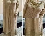 Pakistani Beige Long Maxi Style Embroidered Sequins Chiffon Dress,S - £97.34 GBP