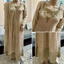 Pakistani Beige Long Maxi Style Embroidered Sequins Chiffon Dress,S - $123.75