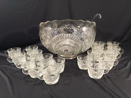 Vintage L.E. Smith Pinwheel &amp; Star Slewed Horseshoe 20 Piece Punchbowl S... - £157.31 GBP