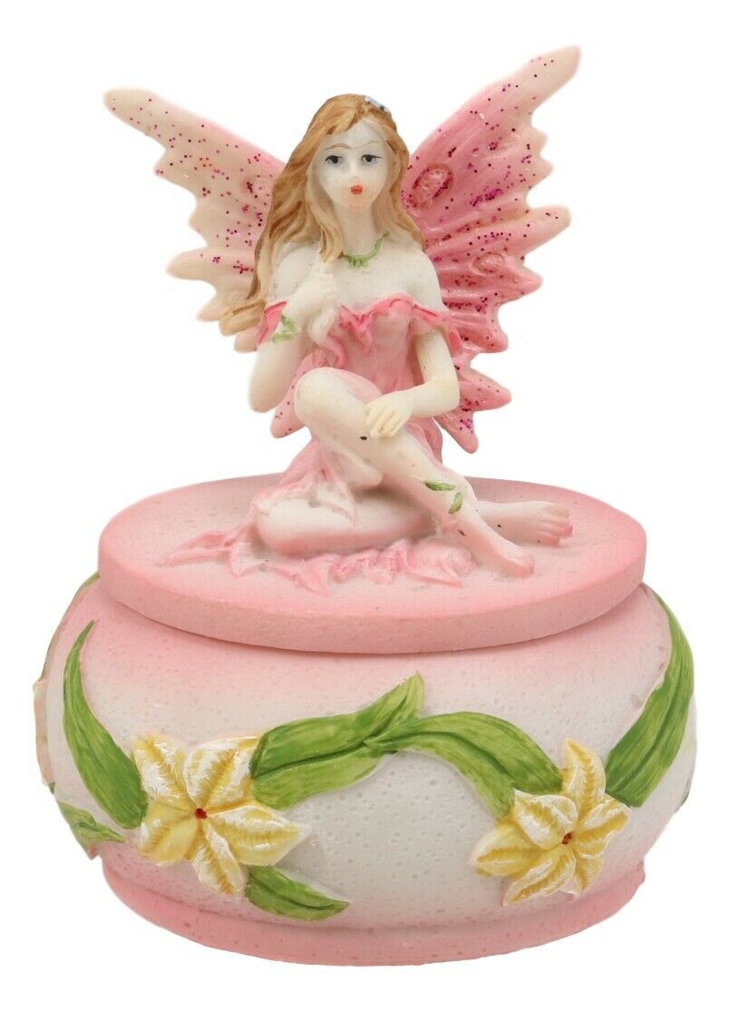 Pink Daisy Fairy Garden Fae Small Round Trinket Jewelry Box Figurine 3.25&quot;H - $15.99