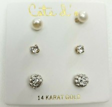 Cote d&#39;or 14k Gold Pearl &amp; Cz Set Of 3 Stud Earrings New - £62.87 GBP