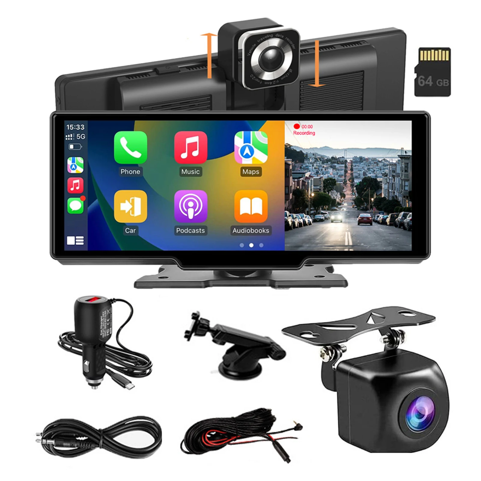 Portable 10.26&quot; HD IPS Touchscreen Car Stereo Dual Lens Dash Cam DVR Wireless - £132.20 GBP+