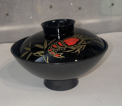 Vintage Japanese Black  Lacquerware Lidded Rice / Soup Bowl W/  Orange L... - £9.03 GBP